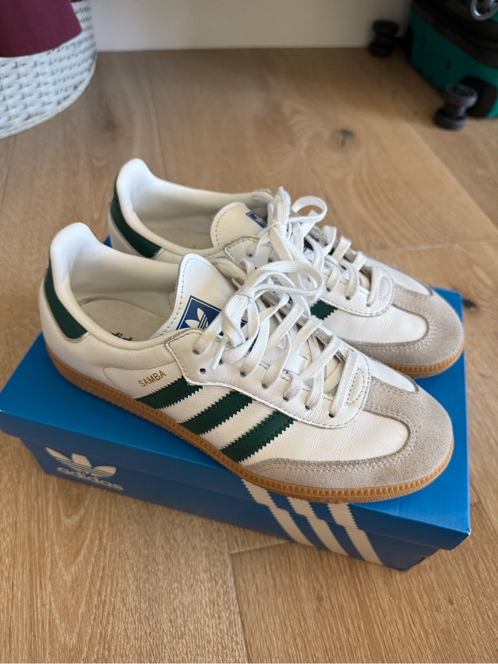 adidas Samba Classic Sneakers in White and Green with Gum Sole